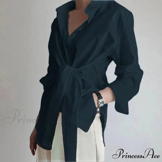 Thin Button Gathered Lace-Up Blouse Blue / S blouse-250223