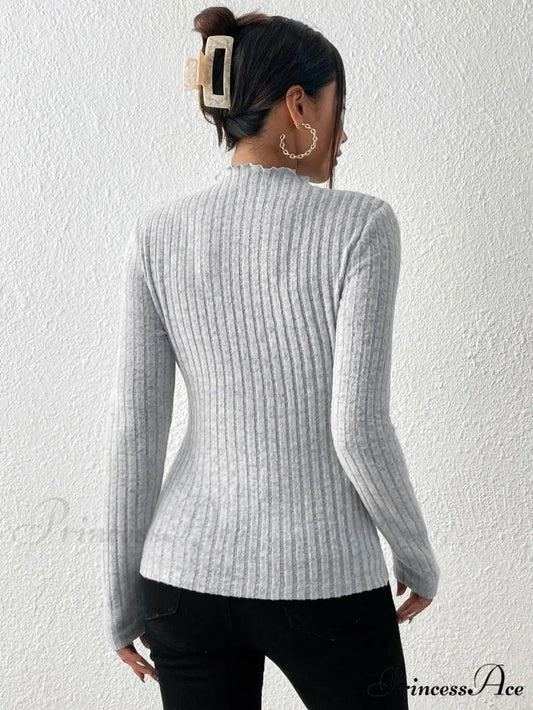 Thin Frill Neck Lace Mid-Collar Striped Sweater Knit Top Women knittop-250126