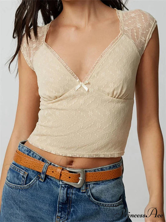 Thin Lace Patchwork Low-cut Crop Top KHAKI / S croptop-250126