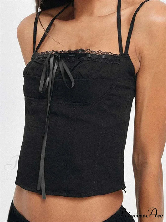 Thin Lace Trim Halter Bind Backless Crop Top BLACK / S croptop-250126