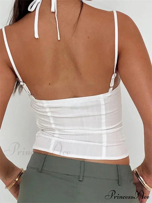 Thin Lace Trim Halter Bind Backless Crop Top croptop-250126