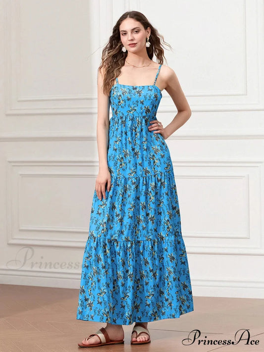 Thin Strap Gathered Open-Back Flowy Seaside Holiday Floral Dress Blue / S floraldress-250126