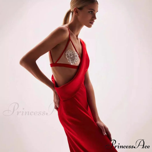 Thin Strap Opening Silk Formal Gown red / XS promdress-250223