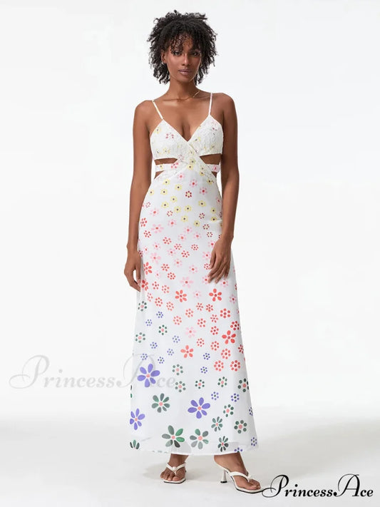 Thin Straps Sophisticated Open-Back Ribbon Crisscross Floral Dress WHITE / S floraldress-250126