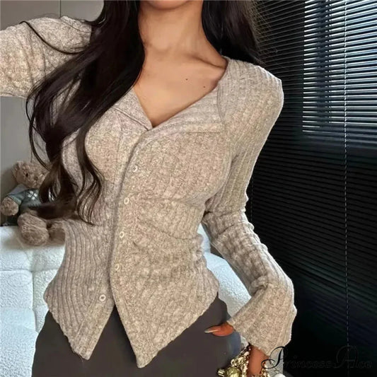 Thin Vintage Cozy Long Sleeve Elegant Single-breasted Stylish Jumper Sweater Khaki / S