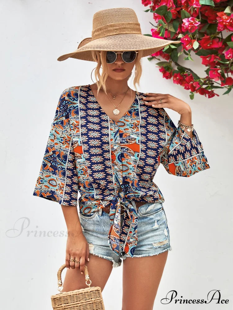 Three-Quarter and V-Neck with Hem Blouse Tie Sleeves Navy / S