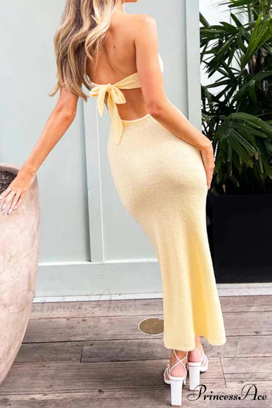 Tie-back Strapless Dress with Low Cut Yellow / S
