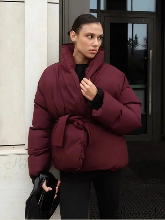 Tie-Belt Padded Cotton Coat Wine red / S