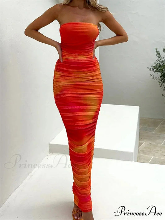 Tie Dyeing Print Strapless Tube for Women Sexy Off Shoulder Party Slim Ruched Female Vestidos RED / S