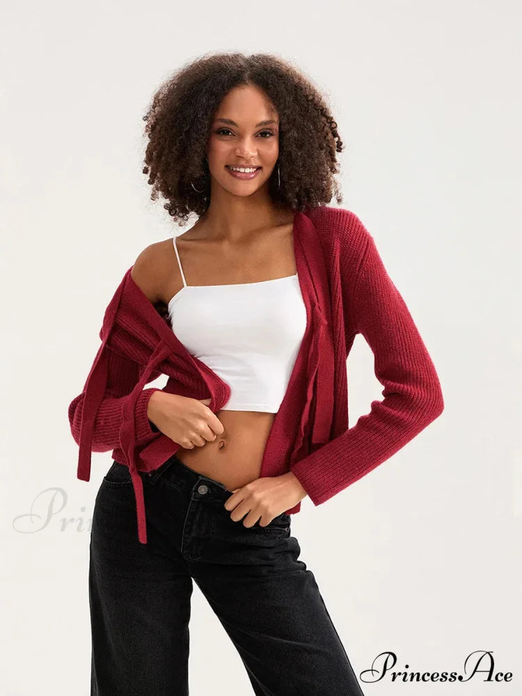 Tie Front Crew Neck Knit Cardigan cardigans-241228