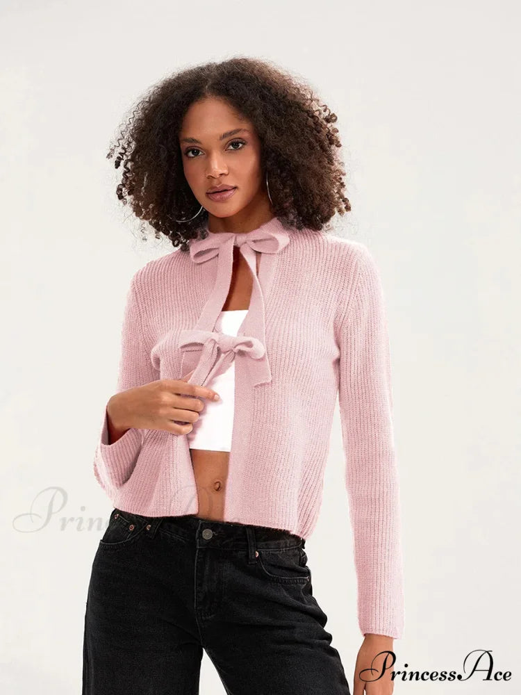 Tie Front Crew Neck Knit Cardigan cardigans-241228