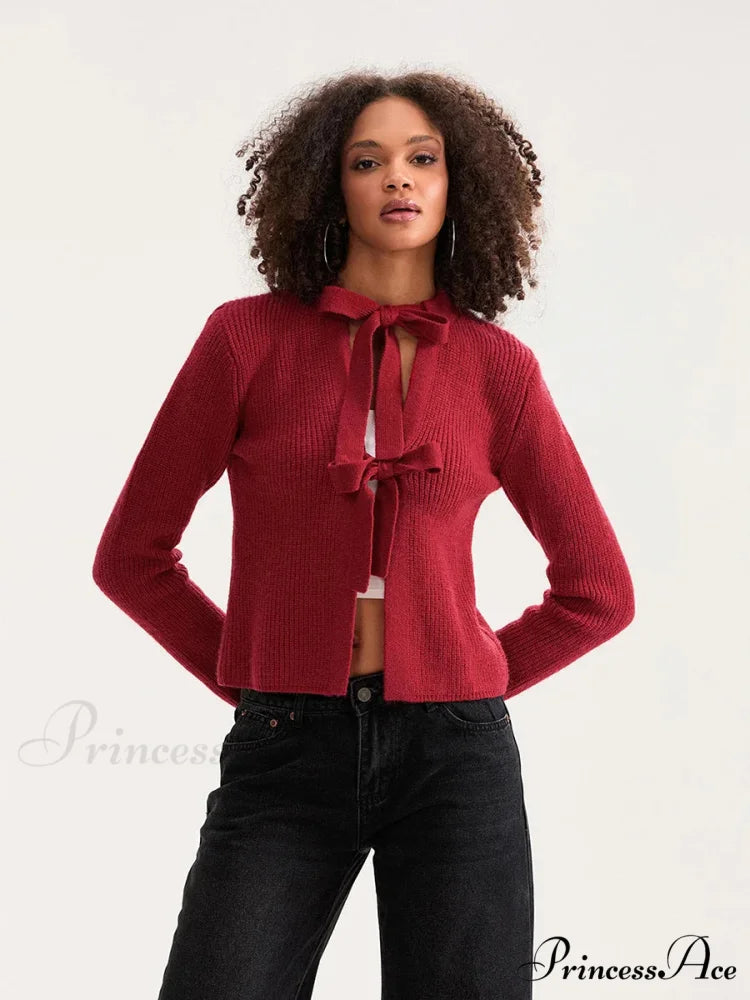 Tie Front Crew Neck Knit Cardigan cardigans-241228