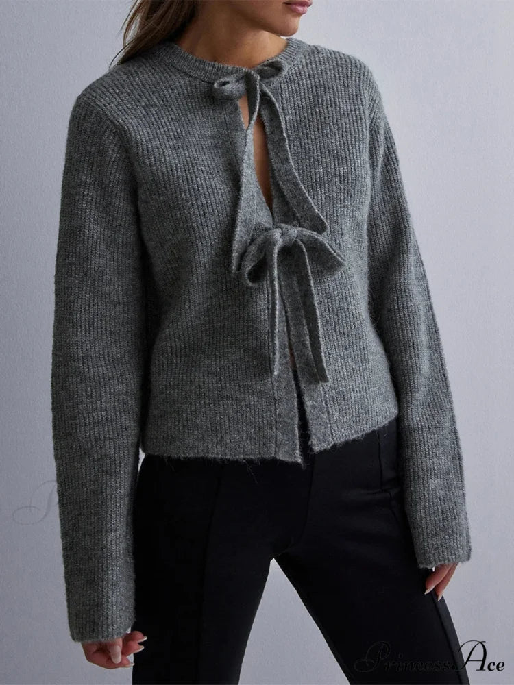 Tie Front Crew Neck Knit Cardigan darkgrey / S cardigans-241228