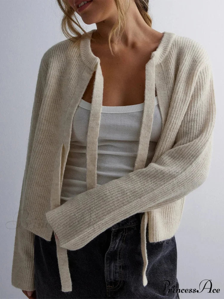 Tie Front Crew Neck Knit Cardigan gray / S cardigans-241228