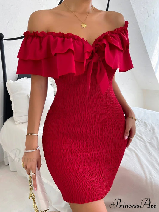 Tie Front Off Shoulder Ruffle Trim Shirred Bodycon Dress Rose Red / XS
