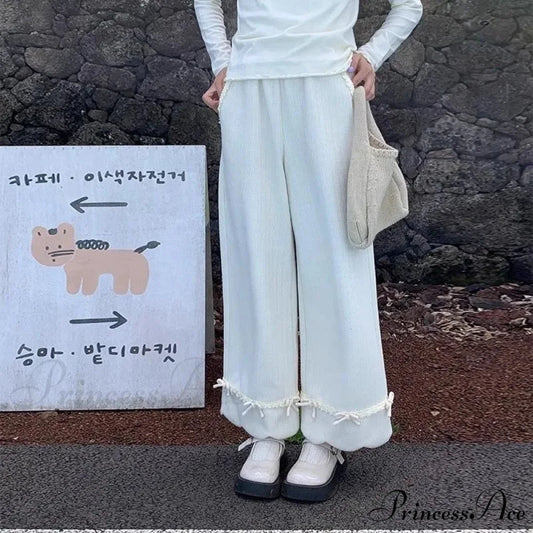 Tie Lace Corduroy Broad Leg Trousers White / S pants-241228