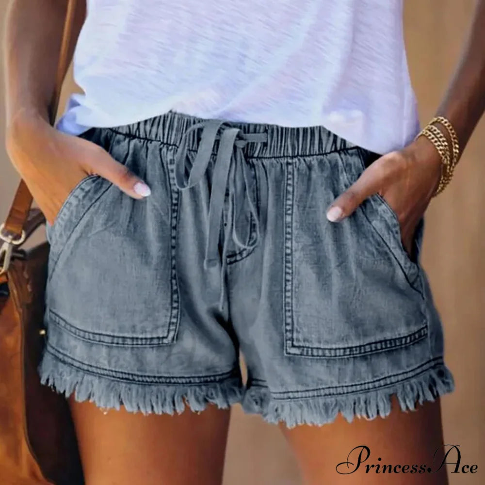 Tie Tassel Hem Jeans Short Dark Blue / S short-250223