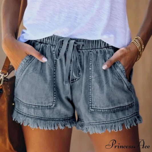 Tie Tassel Hem Jeans Short Dark Blue / S short-250223