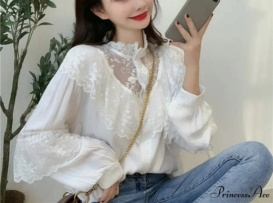 Tie Up Frilled Cute Baggy Spring Blouse WHITE / S blouse-250126