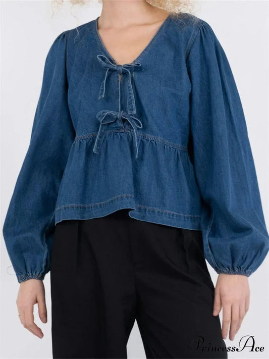 Tie-Up Jeans V-neck Blouse blue / S blouse-250223