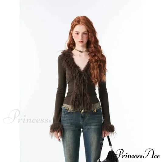 Tie Up Soft V-neck Cardigan Black brown TOPS / S cardigans-241228