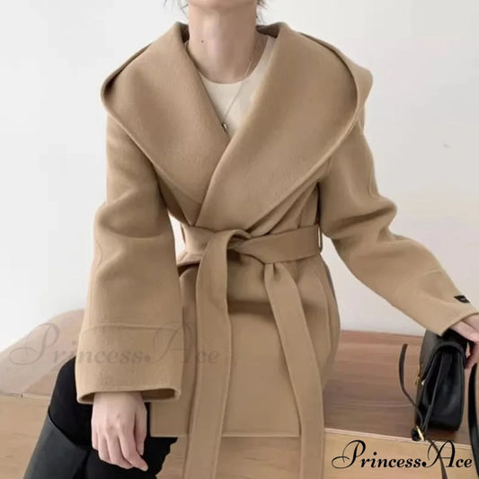 Tie-Up Woolen Hooded Coat Overcoat Camel / One Size overcoats-241228