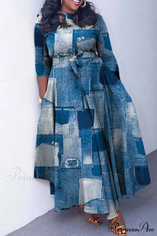 Tie-waist Dress with Print Denim / L
