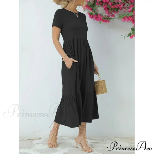 Tiered Maxi Beach Dress with Pockets - Short Sleeve S / Pink