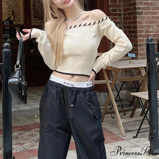 Tight Fit Korean Off-Shoulder Knitted Boat Neck Knit Top WHITE / One Size knittop-250126