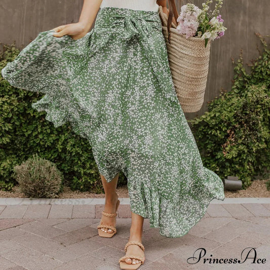 Tiny Blossom Frill Korean Fashion Tall Waist Swing Extended Skirt Green / S skirt-250126