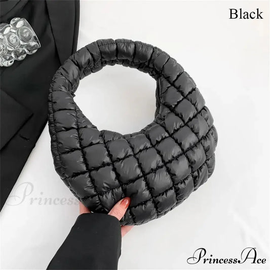 Tiny Quilted Tote Cotton Padded Shoulder Purse Black handbag-250126