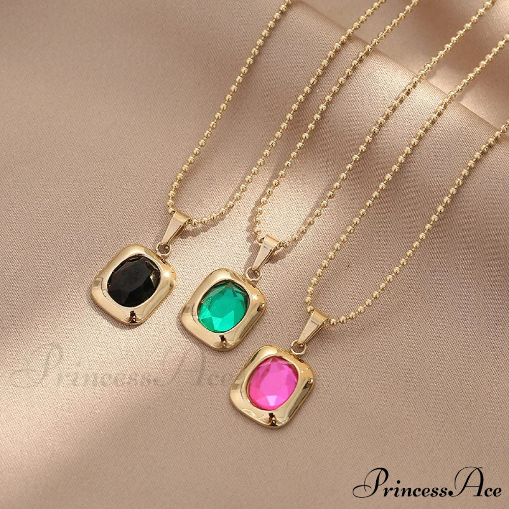 Titanium Steel Colorful Crystal Pendant Necklaces