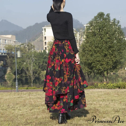 TIYIHAILEY Flower Pattern Long Skirt Stretchy Waist Cotton Linen skirt-250126