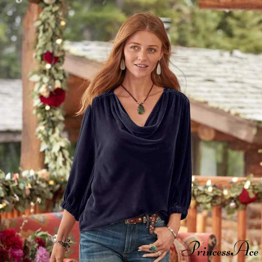 Top Gold Neckline Velvet for with Plunging Sleeves Three-Quarter Women Purple / S