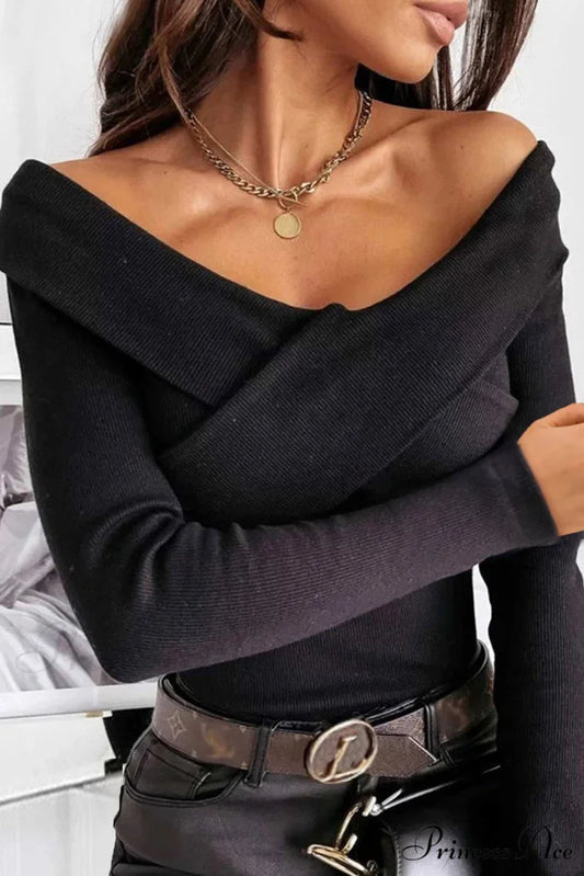 Top - Ribbed Casual Arm V Neck Crossed Long Black Black / L / 70% Polyester + 25% Cotton + 5% Elastane