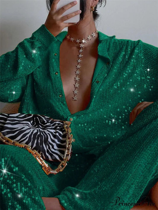 Top Sequin Blouse Sparkly and Pants Women Party Blouse Set Suit Two-Piece for - Outfit