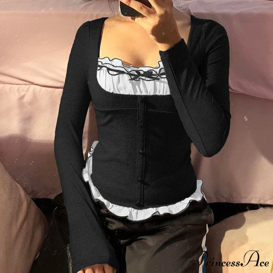 Tops Aesthetic Long Boxy Patchwork Crop Harajuku Y2K T-Shirt Vintage Women Shirts collar Arm Casual Tee Grunge black / S