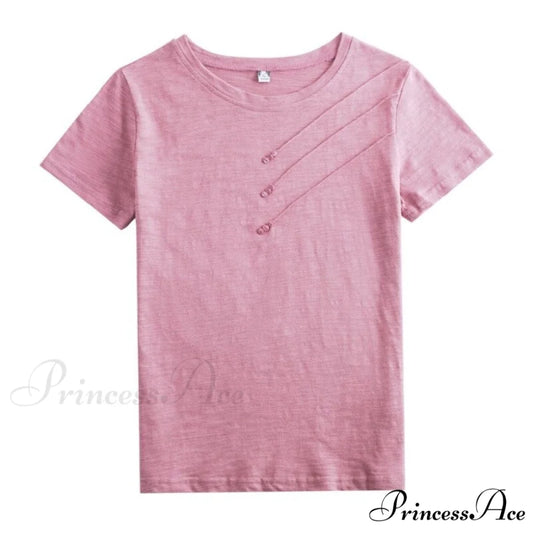 Tops Loose Tee-Shirts Blue Ribbed Warm-Season Cotton T-shirts Casual Button O-Neck Fashion Korea Women S-3XL