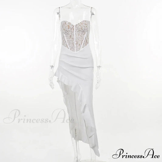 Townlike Ruffles Lace Patchwork Long Nightclub Sexy Party Bodycon Dress WHITE / S