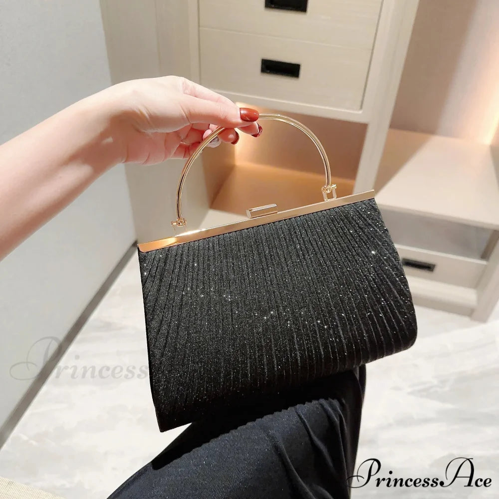Traditional Folded Evening Bag Glittering Celebration Prom Handbag Dress Purse Black / (20cm clutchbag-250126