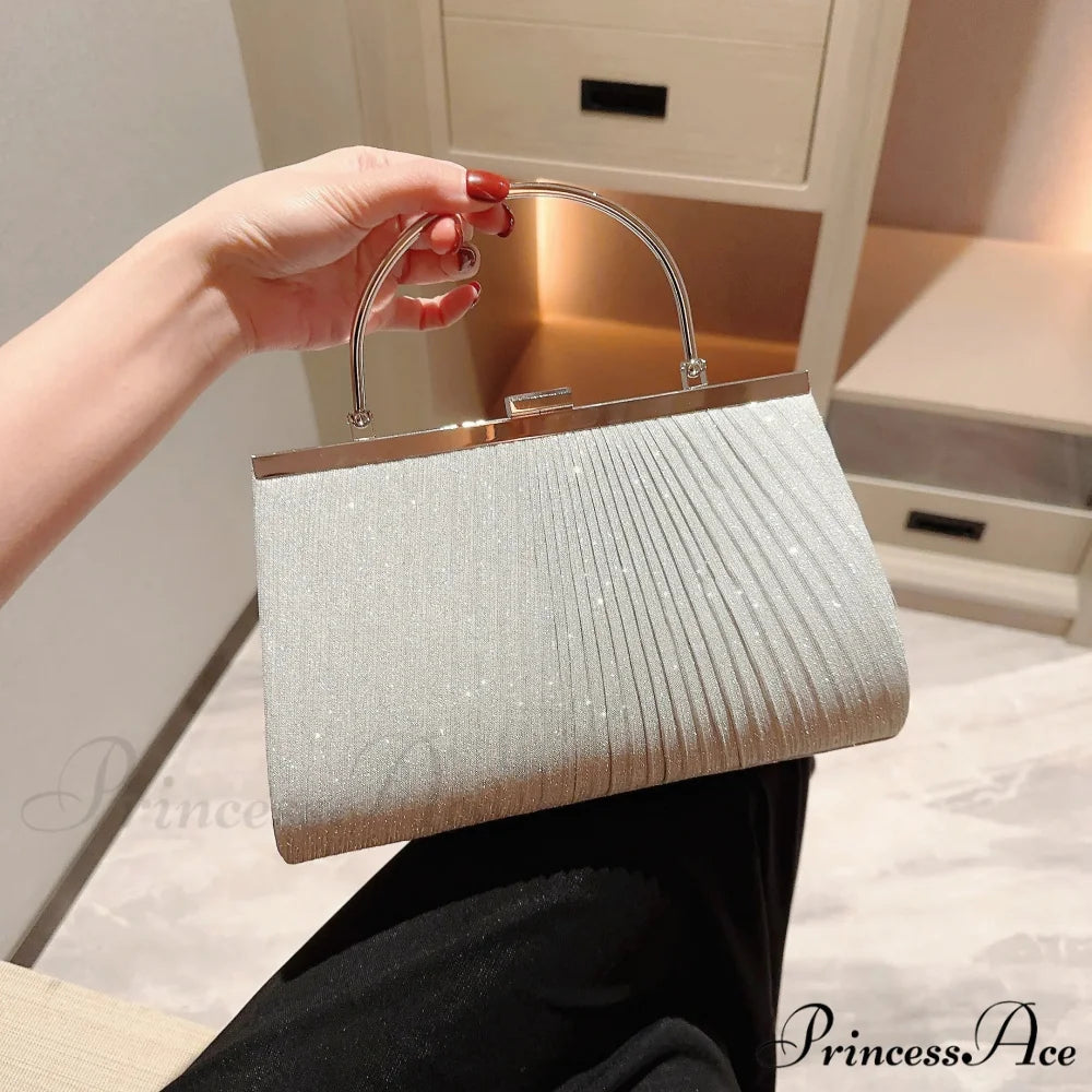 Traditional Folded Evening Bag Glittering Celebration Prom Handbag Dress Purse Silver / (20cm clutchbag-250126
