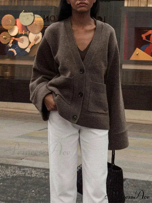 Traditional Strong Pocket V-Neck Single-Breasted Cardigan Brown / S cardiagn-250126