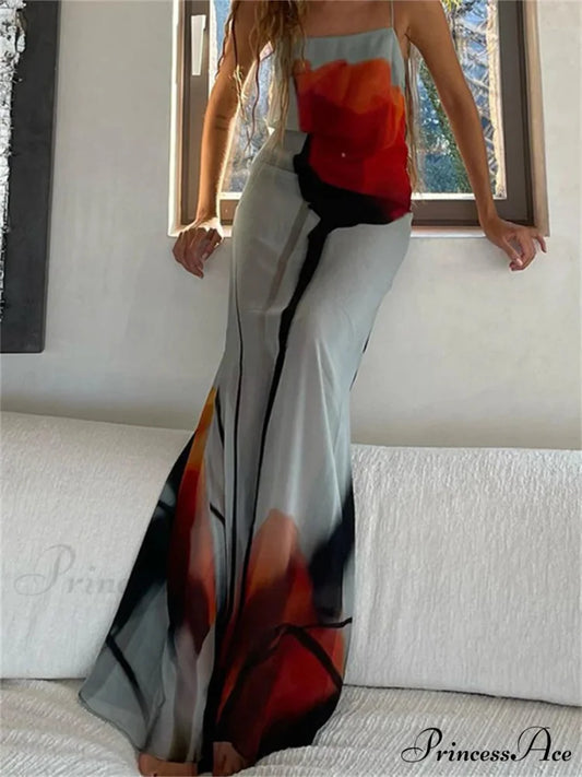 Transparent Abstract Floral Spaghetti Strap Flowy Beach Vacation Dress floraldress-250126