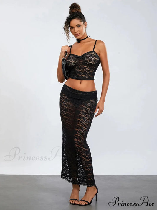 Transparent Ebony Lace Crochet Camisole Crop Top Lengthy Floral Skirt Black / S floraldress-250126