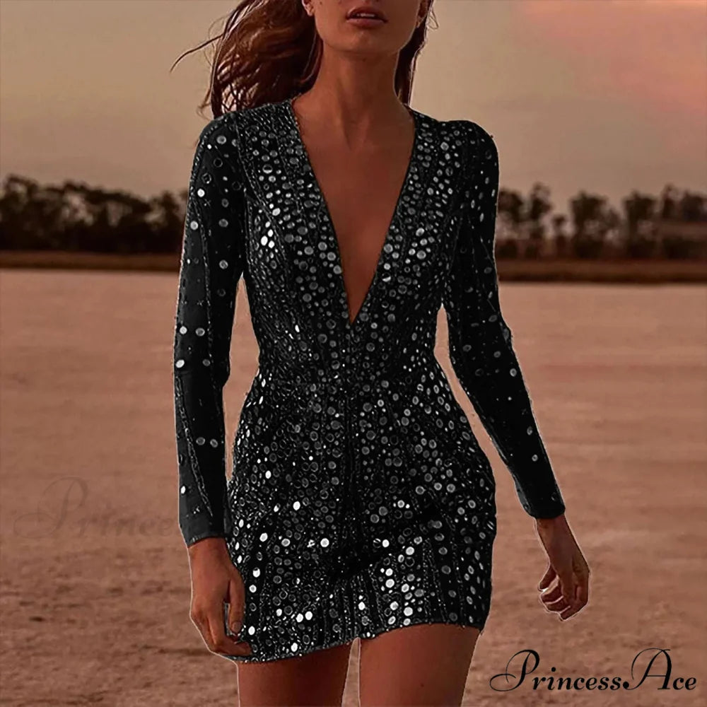 Transparent Extended Sleeve Low Cut Formal Gown black / S promdress-250223