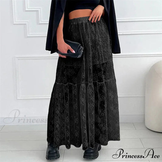 Transparent Floral Lace Stretchy High Waist A-Line Maxi Skirt Holiday Celebration BLACK / S skirt-250126