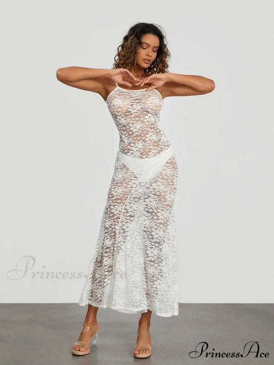 Transparent Ivory Lace Sheer Open-Back Thin Strap Sun Dress floraldress-250126