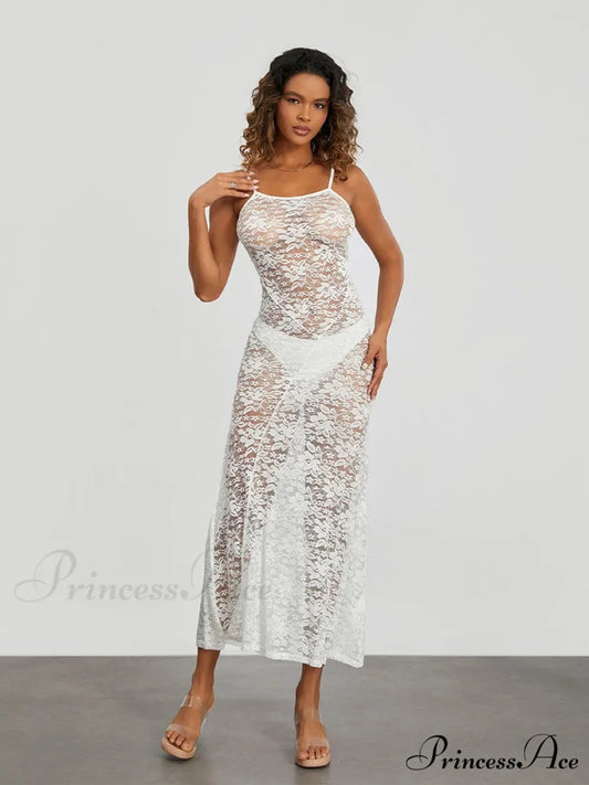 Transparent Ivory Lace Sheer Open-Back Thin Strap Sun Dress WHITE / S floraldress-250126