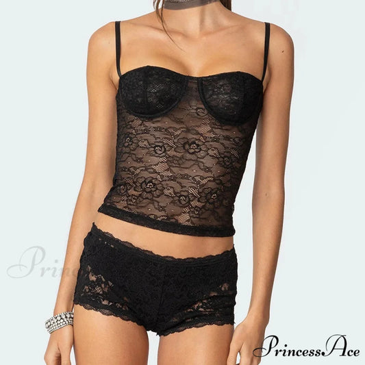 Transparent Lace Cupped Corset Hook Eye Back Crop Top Transparent Shorts Two Pieces Set twopiecesset-250126
