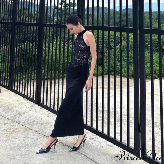 Transparent Lace Halter Open-Back Ebony Prom Gown black / XS promdress-250223